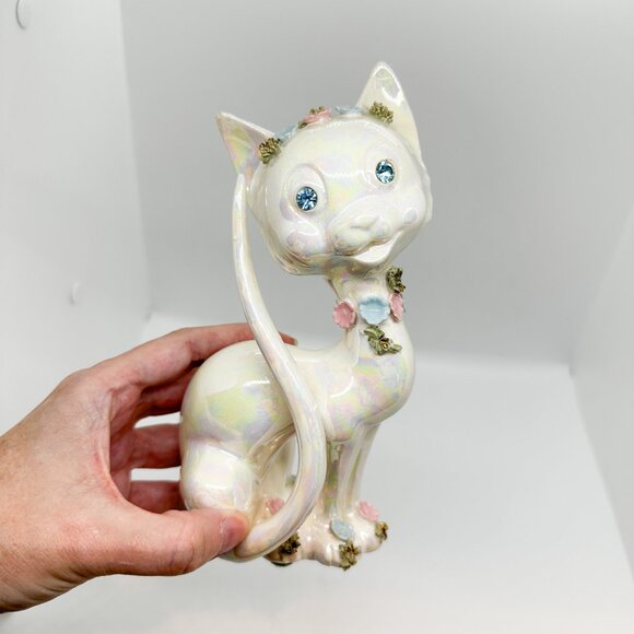 Vintage Lefton Luster Iridescent Cat Floral Flower Crown Pastel Rhinestone *FLAW - Picture 2 of 8
